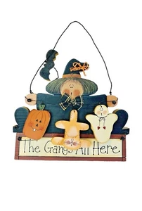Primitive Vintage "98 HALLOWEEN Holz Wand Tür Deko Katze Geist Hexe Fledermaus 9,5" - Bild 1 von 1