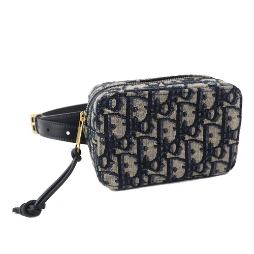 Christian Dior Oblique Canvas Leather Belt Bag / Waist Bag Navy Beige With S