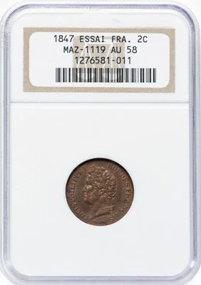 France - 1847 Louis-Philippe I Pattern 2 Centimes - NGC AU58 - RARE ISSUE! - Image 1 of 2