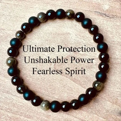 Brazalete de curación con cuentas de ónix turmalina obsidiana brillo dorado protección definitiva Foto 1 de 3