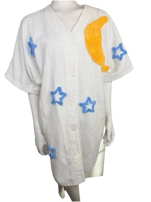 Vintage Stan Herman Moon stars Chenille Cotton Robe Button Up Pockets size Large - Image 1 of 4