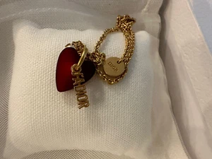 NIB Dior Valentine Gold ChainLink Red Heart Pearl Charm Wrist Bracelet Adjusts - Picture 1 of 12