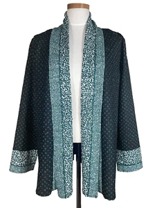 CHICOS Travelers 2 Jacket L / 12 Open Front Crinkled Emerald Green Polka Dot - Picture 1 of 15