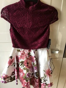 City Studios Juniors' 2-Pc. Lace Top & Floral-Print Skirt cream/rose US size 5 - Picture 1 of 13