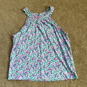 Lilly Pulitzer Shirt Damen M blau rosa Jerrica Neckholder Rüschen bedruckt Baumwolle - Bild 1 von 6
