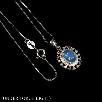 925 Argento Sterling Collana Ovale Opale di Fuoco 8x6mm Zaffiro Cz Gemma - Immagine 1 di 4