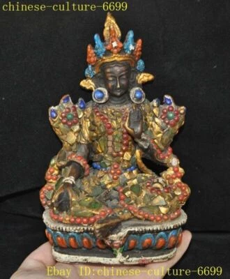 Tibet Buddhist painted Gem Green Tara Kwan-yin Goddess Buddha Statue - Image 1 of 4