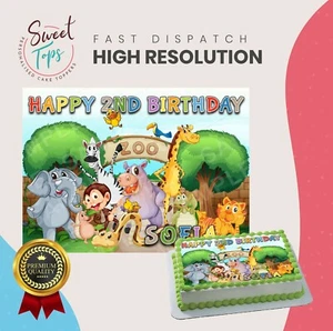 ZOO ANIMALS | SAFARI ANIMAL RECTANGLE EDIBLE CAKE TOPPER DECORATION PERSONALISED - Picture 1 of 1