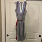 NWOT English Factory Blue Striped Embellished Dress Medium M Red Accents