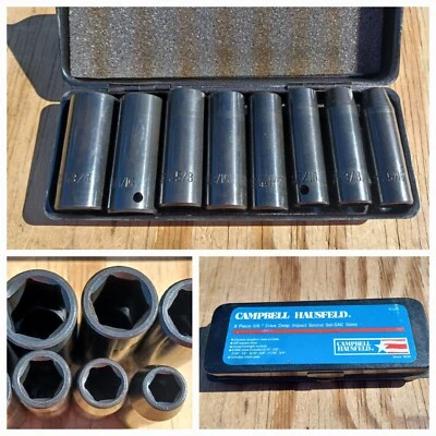 Juego de enchufes vintage Campbell Hausfeld 3/8" Drive Deep IMPACT SAE TL1025 USADO EN EXCELENTE ESTADO Foto 1 de 4