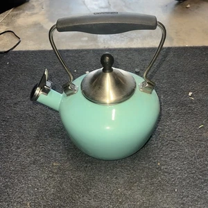 CHANTAL Whistling Tea KETTLE 2 Quart Turquoise Aqua Black On Silver  - Picture 1 of 3