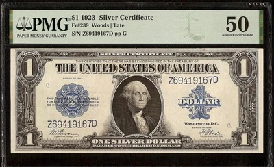KEY Fr 239 WOODS TATE 1923 $1 LARGE SILVER CERTIFICATE DOLLAR NOTE MONEY PMG 50 - Image 1 of 2