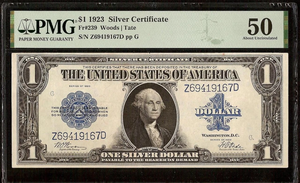 KEY Fr 239 WOODS TATE 1923 $1 LARGE SILVER CERTIFICATE DOLLAR NOTE MONEY PMG 50 - Image 1 of 2