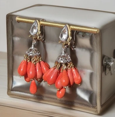Coral & Clear Quartz Chandelier Drop Earrings 925 Sterling Silver Two Tone NEW - Image 1 of 4