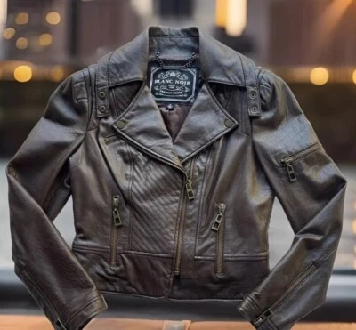 Blanc Noir Premier, wms.M Cuero Crop Jkt, Choc. Marrón, aspecto vanguardista de motociclista, cremallera Foto 1 de 4