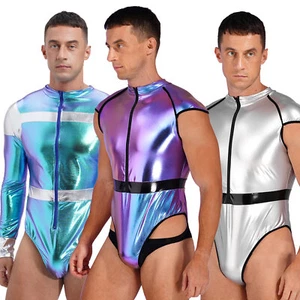 Mens Metallic Shiny Space Astronaut Bodysuit Leotard Halloween Nightwear Costume - Picture 1 of 44