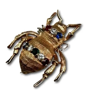 Stunning Estate 14k Yellow Gold Bejeweled Pin Brooch 1" Bee Beetle - Picture 1 of 3