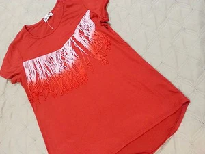 T Shirt M Authentic Girls Mel+Mo Active Short Sleeve FRINGE Clubwear Red Brick - Picture 1 of 7