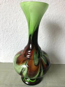 Large Vintage Murano Green Brown Hand Blown Glass Vase - Foto 1 di 8