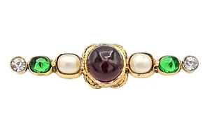 Chanel Vintage Red Green Glass Faux Pearl Rhinestone Bar Brooch Signed 1985 L529 - Picture 1 of 12