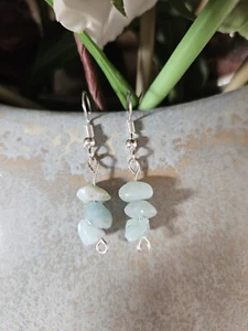 Calming Amazonite Dangle Earrings Silver Plated Posts Handmade By Me - Picture 1 of 2