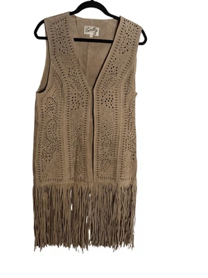 Chaleco Cárdigan Scully Cuero Genuino Corte Láser Boho Flecos Longline Para Mujer’s L Foto 1 de 4