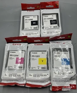 Genuine Canon PFI-120 Ink Tank Bundle MBK BK M Y Sealed, Cyan Open Unused 5/2028 - Picture 1 of 3