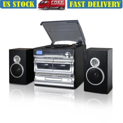 3-Speed Turntable CD Player Dual Cassette Bluetooth FM Radio USB SD Recording - Image 1 of 4
