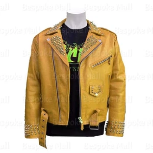 Men Yellow Silver Spiked Studded Punk Rock Biker Lambskin Leather Jacket - Picture 1 of 4