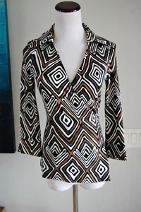 Top donna Diane Von Furstenberg vintage nero stampa avorio taglia 0 nuovo senza etichette - Foto 1 di 5