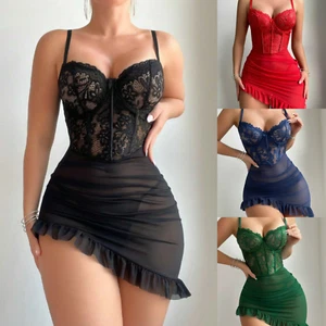 Women Sexy lingerie Babydoll Corset Push Up Ruffle Sheer Mesh Naughty Outfitt US - Picture 1 of 28