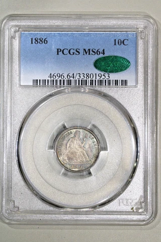 1886 (MS64 CAC) Seated Liberty Dime 10c PCGS Graded Coin - Beautifully Toned Cover