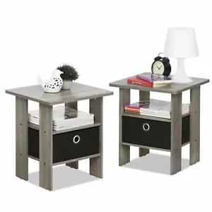 Set 2 Gray Finish Wooden End Table Nightstand Accent Side Black Drawer Storage - Picture 1 of 4