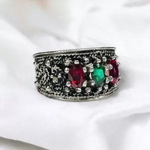 EXOTIC VINTAGE- 10K Gold -Turkish Ring - Sz 6.5 -Ruby Emerald -White Gold - 5.5g - Picture 1 of 24