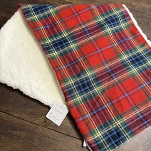 POTTERY BARN SIMON PLAID LUMBAR PILLOW COVER 14" X 36" ~ RED ~ COTTON/SHERPA - Picture 1 of 11