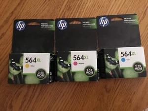Genuine HP564XL Ink Cartridges: Yellow (1/15), Magenta (12/14), Cyan (1/15) - Picture 1 of 2