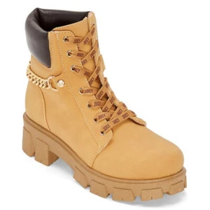 NWB Juicy By Juicy Couture Womens Josie Combat Boots Gold Logo Chain Wheat Brown - Picture 1 of 10