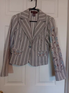 Striped Womens Blazer with Floral Embroidered Sleeve Jones Wear Jeans size 6 - Picture 1 of 19