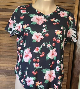CJ Banks Damen blau mit rosa Blumen Oberteil Kurzarm Gr. 1X - Bild 1 von 2