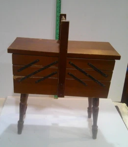 Vintage Wood Sewing Box Accordion 3 Tier Fold Out Chest - Mid Century Modern - Picture 1 of 9