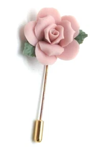 Vintage 80's Gold Tone Porcelain Clay Rose Flower Soft Pink 2.5" Stick Pin - Picture 1 of 5