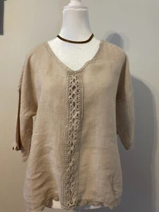 Bella Amore Linen Top Ladies Size M Crochet trim lagenlook S/S made in Italy - Picture 1 of 10