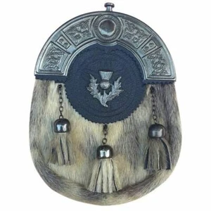 New Full Dress Kilt Sporran Faux Seal Skin Celtic Cantle Antique Thistle Badge - Imagen 1 de 2