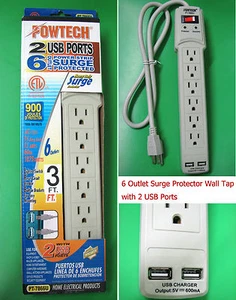 6 Outlet Power Strip Surge Protected 2 USB Charger Port, 900 Joules, 3 Feet Cord - Picture 1 of 6