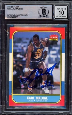 Karl Malone Signed 1986-87 Fleer RC 68 Utah Jazz Auto GM 10 Beckett #15496653 - Image 1 of 2