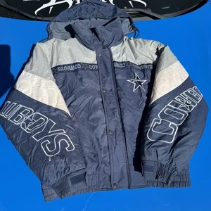 Vintage 90s Dallas Cowboys Pro Player Hooded Puffer Jacket Sz L GAMEDAY - Picture 1 of 20