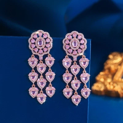 Romantic Rose Gold Plated CZ Women Flower Pink Heart Drop Tassel Dangle Earrings - Image 1 of 4