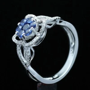 Solid 14K White Gold Diamond Sapphire Engagement Wedding Gemstone Fine Ring - Picture 1 of 6