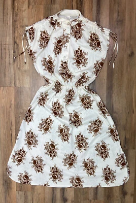 Vestido blusa feminino vintage 1970’s marfim e marrom feito em união ajuste médio alargamento - Imagem 1 de 4