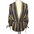 Teoh & Lea Top Womens Size Large Striped Embroidered Belted Gray Yellow Cotton